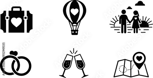 Collection of wedding and romance icons including travel, hot air balloon, couple, rings, champagne, and map
