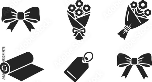 Collection of gift wrapping icons including bows, bouquets, gift tag, and wrapping paper