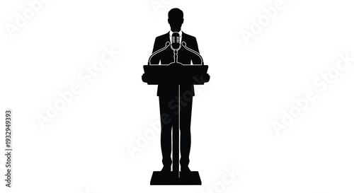 A stark black silhouette of a man in a suit speaking into a microphone at a podium conveying authority and presentation silhouette