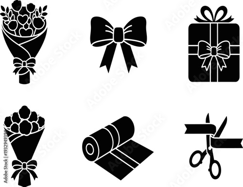 Collection of six black icons representing gifts, celebrations, and floral arrangements