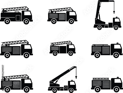 Black silhouettes of fire truck engines and rescue vehicles with ladders and cranes isolated on white background for emergency services and fire safety concept