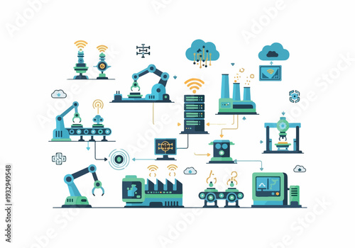 Digital factory automation and smart industry concepts with connected machinery and cloud computing