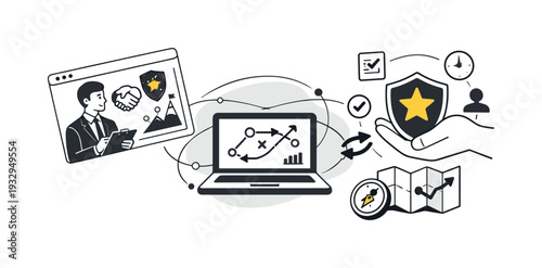 Modern minimal flat vector conceptual collage, crisp hard edges, consistent THIN outline stroke, rounded corners where needed,