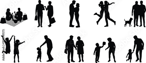 Black silhouettes of diverse families and couples engaging in daily activities including picnic shopping hugging playing and walking isolated on white background for lifestyle concept