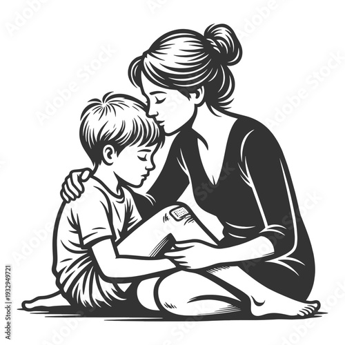 mother tenderly kissing her young son scraped knee, comforting child after minor injury sketch engraving generative ai fictional character vector illustration. Scratch board. Black and white image.