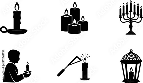 Collection of black candle icons and symbols representing light and warmth