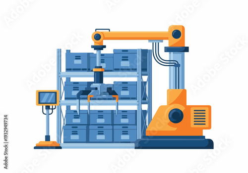 Automated warehouse robot arm picking boxes from shelves in a modern logistics facility, highlighting efficiency and industrial automation