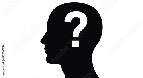 A stark black profile of a human head is filled with a white question mark representing uncertainty silhouette
