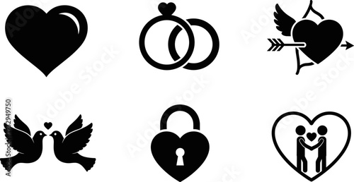 Collection of romantic love symbols and icons for Valentine's Day and weddings