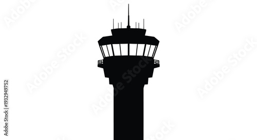 A stark black air traffic control tower stands prominently against a bright white background presented as a silhouette