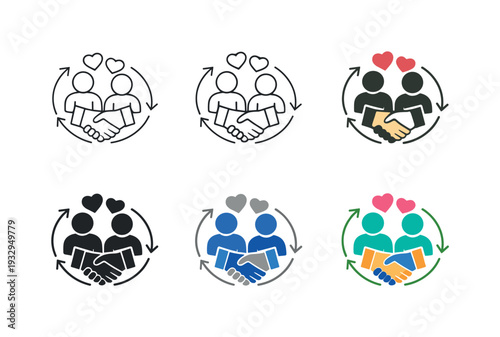 Client engagement icon showing stylized people, heart symbols, handshake, and circular arrows representing customer retention,