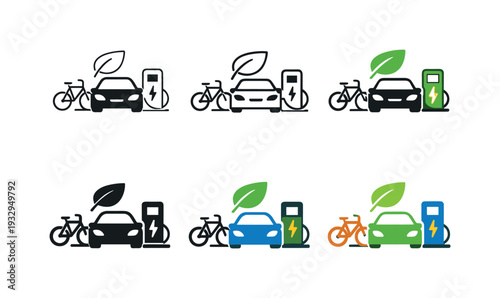 Clean transportation icon showing a stylized electric car, bicycle, charging station, and leaf representing sustainable mobility,