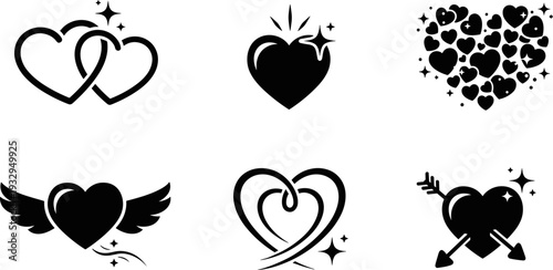 Collection of six stylized heart icons representing love and romance with decorative elements