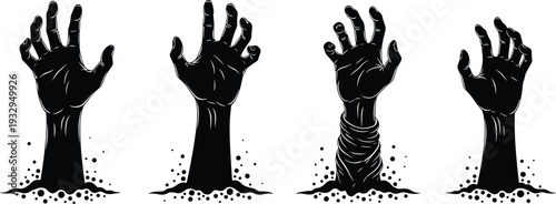 Zombie hands rising from ground vector illustration spooky horror silhouette halloween undead creepy design