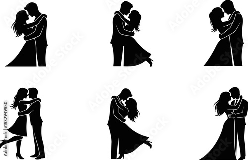 Collection of romantic couple silhouettes in embrace, celebrating love and union