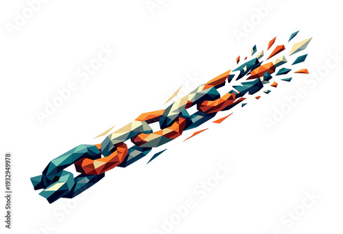 Low-poly vector illustration of a blockchain chain escalating toward failure, dynamic diagonal composition with chain links