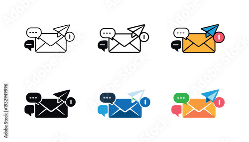 Digital messaging icon depicting stylized envelopes, paper planes, notification symbols, and communication elements representing