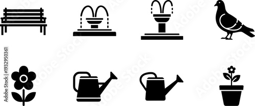 Collection of garden and park icons including a bench, fountains, pigeon, watering cans, and flowers