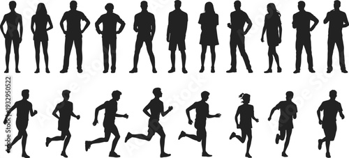 Collection of black silhouettes featuring casual people standing in a row and athletic runners jogging in a line isolated on white background for sports