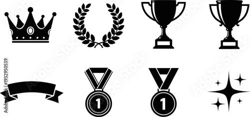 Collection of black award icons including trophies, medals, crown, laurel wreath, and ribbon