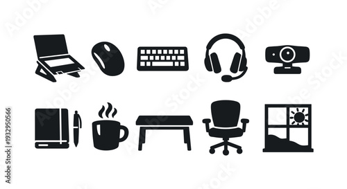 Solid vector icons of nomad workspace setup: laptopstand, mouse, keyboard, headset, webcam, notebook, pen, coffee, desk, chair,