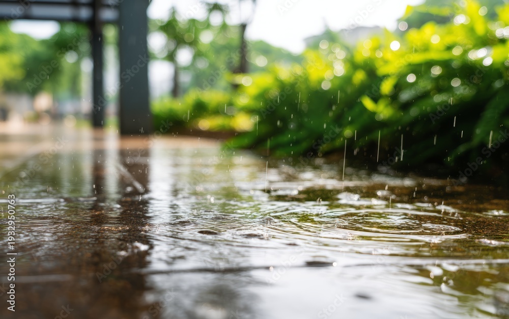 Fototapeta premium Misty Urban Park Scene with Rain Puddles and Lush Greenery Atmosphere
