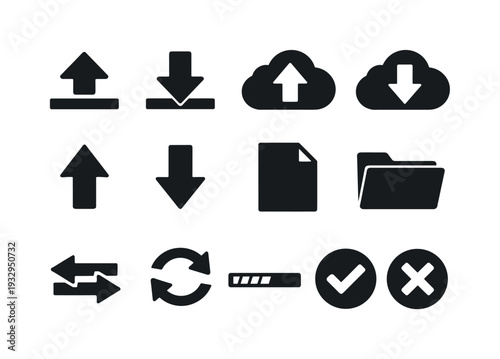 Solid vector icons of upload download: upload, download, cloudupload, clouddownload, arrowup, arrowdown, file, folder, transfer,