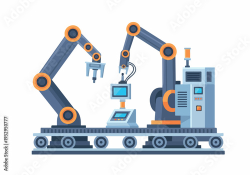 Automated Manufacturing Robotic Arms on Production Line with Touchscreen Interface and Control Panel
