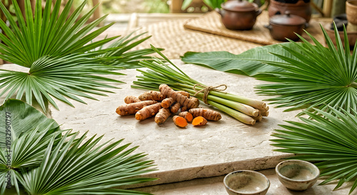 Fresh turmeric and lemongrass on stone table natural herbal ingredient concept