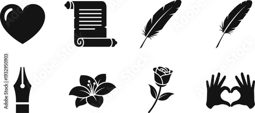 Collection of romantic and artistic icons including heart, scroll, feathers, flowers, and hands forming heart