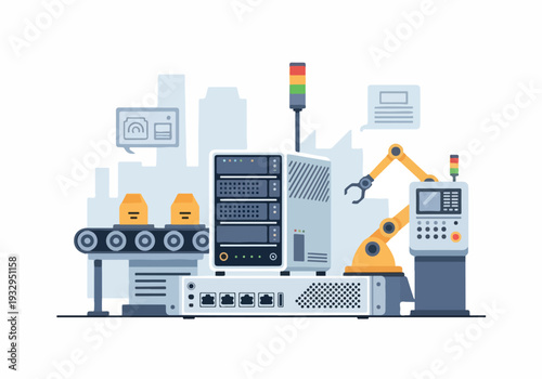 Industrial automation with robotic arm, conveyor belt, server, and control panel for smart factory technology