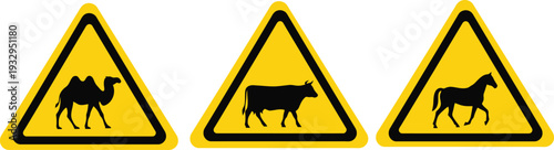A set of graphic warning signs for animal crossing with camel, cow, horse silhouettes, for road safety.