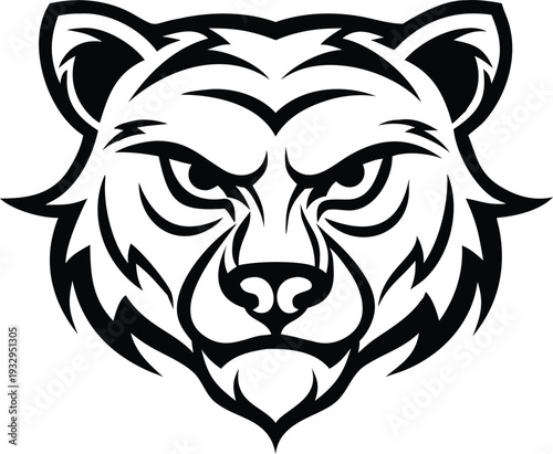 Intense black and white illustration of a bear s head facing forward