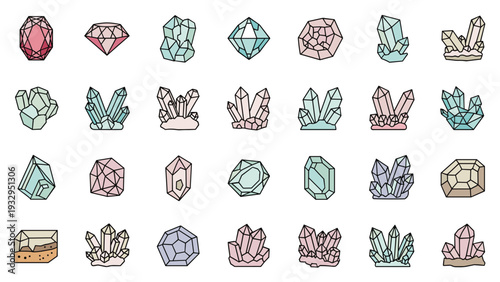 Diverse grid of colorful hand drawn crystal and gemstone icons in various shapes and facets for game assets and design.