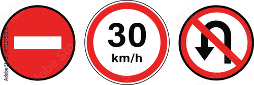 set of Essential road signs illustrating traffic regulations: speed limit, no entry, and explicit prohibition symbols for driver safety.