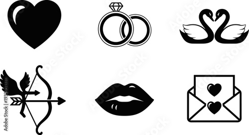 Collection of romantic symbols including heart, rings, swans, cupid, lips, and love letter