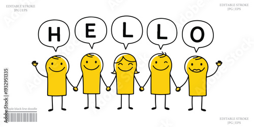 Hello Greeting Teamwork Communication Concept, Welcome People Holding Hands Social Interaction