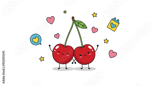 Sweet cartoon illustration of two happy cherry characters holding hands surrounded by hearts stars and icons of love.
