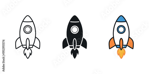 Startup workflow context featuring a small rocket lifting upward with fins and window, identical form aligned horizontally then