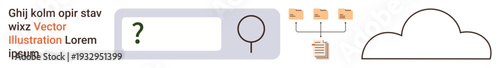Data organization, cloud storage, digital search, information management, file hierarchy, technology. Search bar with magnifying glass, cloud and folder icons. Data organization and cloud storage