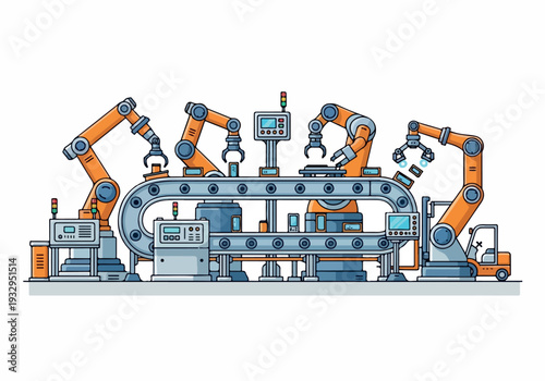 Automated industrial manufacturing production line with robotic arms and conveyor belt