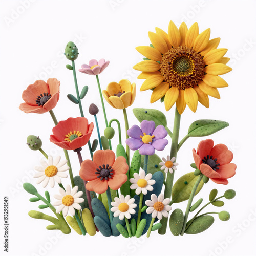 claymation, whimsical watercolor hand-drawn summer wildflower field set in a floral backdrop