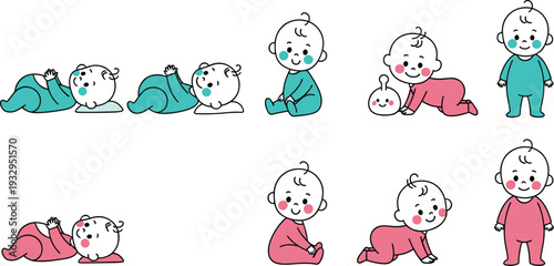 Cute baby activity set vector illustration crawling sitting and lying infant cartoon characters isolated design