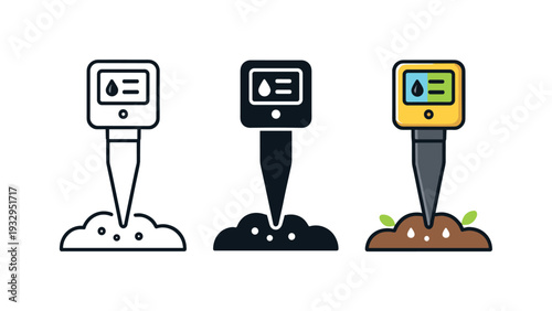 Monitoring scene illustrated by a digital sensor stake embedded in terrain with small indicator panel, same silhouette arranged