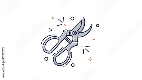 Professional gardening pruning shears icon with decorative dots and sparks representing maintenance and plant care.