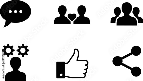Collection of social media icons representing communication, relationships, groups, and engagement
