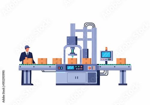 Automated factory assembly line with robotic arm and conveyor belt packaging goods for distribution