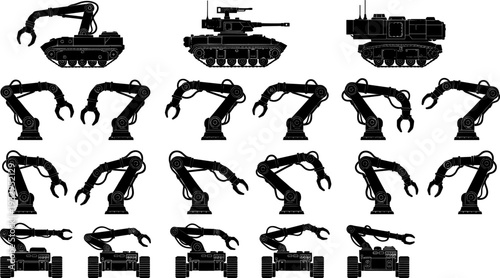 Robotic and mechanical devices icon set, tracked vehicles, robotic arms, mobile platforms, industrial automation technology, military robotics, black silhouette vector graphics