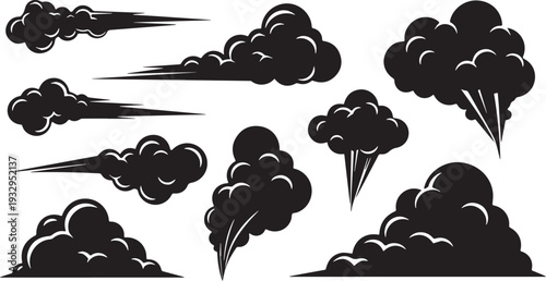 Collection of black smoke and dust cloud effects, cartoon style for speed, impact, and action scenes