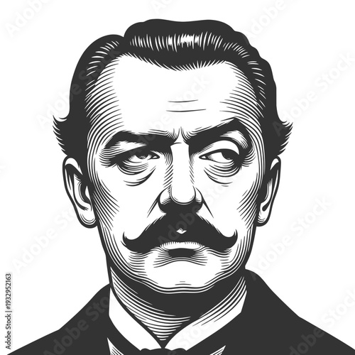 stern mustached man with intense gaze, detailed in classic vintage sketch engraving generative ai fictional character vector illustration. Scratch board imitation. Black and white image.